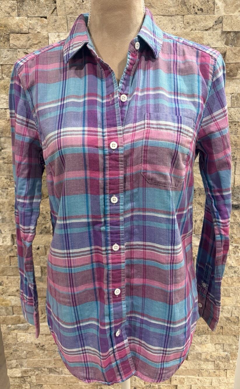 Tommy Bahama Womens S Pink Blue Plaid Button Up Shirt Long Sleeve Casual